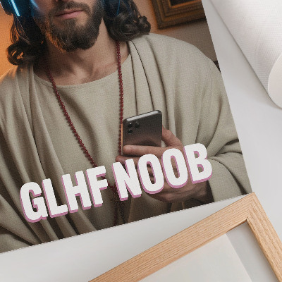 Affisch Man i hörlurar smartphone rosenkrans inskription