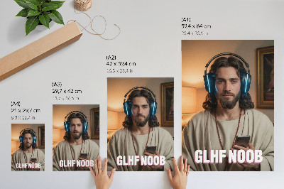 Affisch Man i hörlurar smartphone rosenkrans inskription