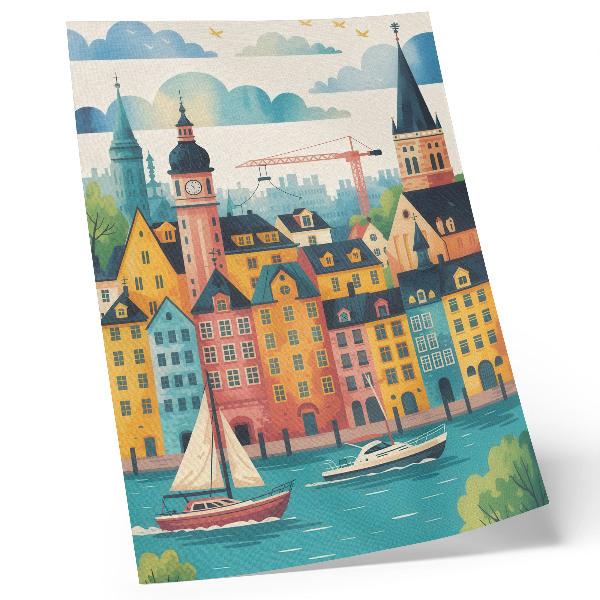 Dekorativ väggaffisch Färgglada byggnader, lugnt vatten, milt klimat