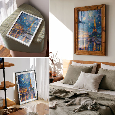 Hållbar väggposter Paris på natten, fullmåne, Eiffeltornet
