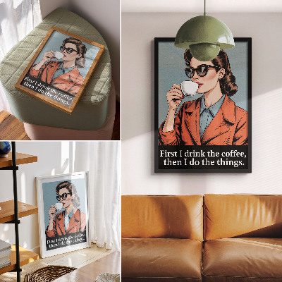 Affisch Retro kvinna med motiverande bokstäver för kaffe