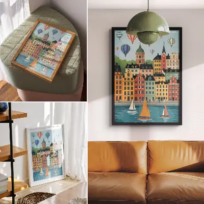Hållbar väggposter med motiv av hyreshus, ballonger och segelbåtar i en färgglad atmosfär