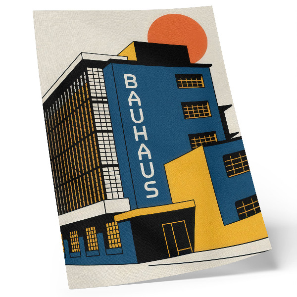 Poster Marinblå Bauhaus-byggnad med gula accenter och modernitet
