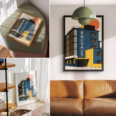 Poster marinblå Bauhaus-byggnad med gula accenter och modern stil