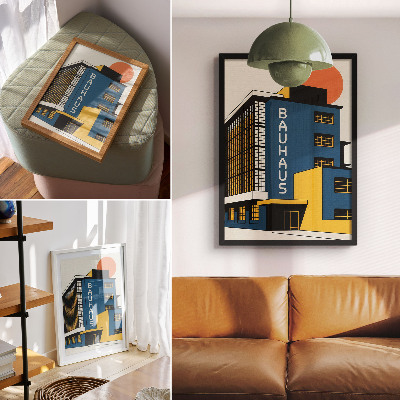 Poster Marinblå Bauhaus-byggnad med gula accenter och modernitet