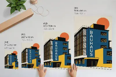 Poster marinblå Bauhaus-byggnad med gula accenter och modern stil