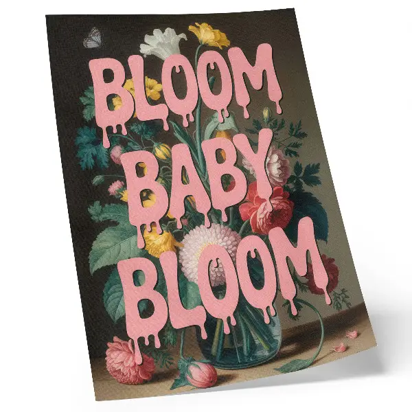 Dekorativ väggaffisch med blommor och positiv energi i rosa text