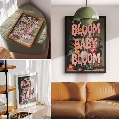 Dekorativ väggaffisch med blommor och positiv energi i rosa text