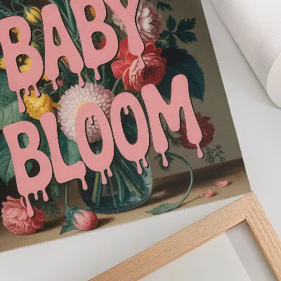 Dekorativ väggaffisch med blommor och positiv energi i rosa text