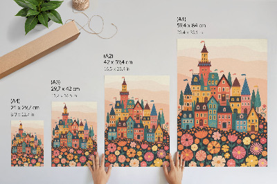 Hållbar väggposter Färgglada hus och blommor, idyllisk atmosfär
