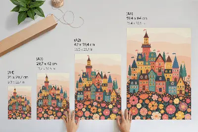Hållbar väggposter färgglada hus och blommor med idyllisk atmosfär