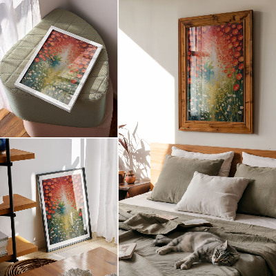 Poster Röda blommor, gröna accenter, tredimensionell bakgrund