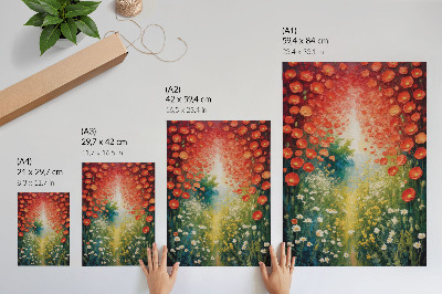Poster Röda blommor, gröna accenter, tredimensionell bakgrund