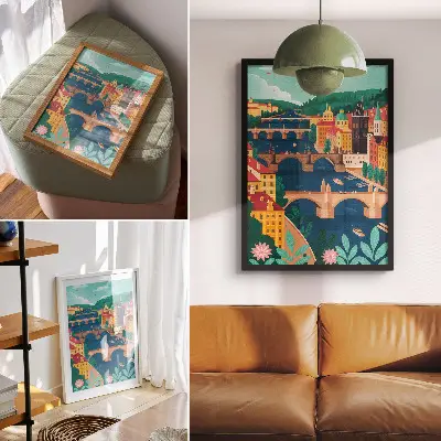 Hållbar väggposter färgglad stad med broar, natur och himmel