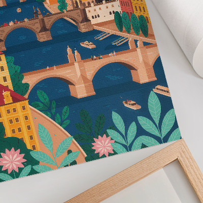 Hållbar väggposter En färgglad stad med broar, natur och himmel