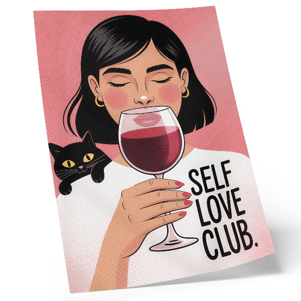 Dekorativ väggaffisch Kvinna med vin och katt i illustrationsstil
