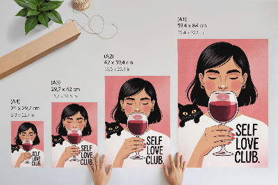Dekorativ väggaffisch Kvinna med vin och katt i illustrationsstil
