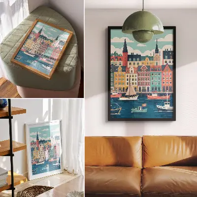 Affisch färgglada hyreshus vid vattnet som utstrålar charm och harmoni