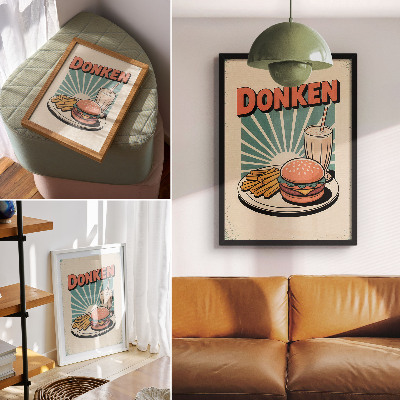 Hållbar väggposter Burgare och pommes frites med retrobakgrund