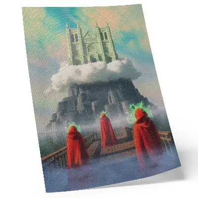 Poster surrealistiskt motiv med figurer i rockar vid ett slott i molnen