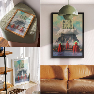 Poster Slott i molnen figurer i rockar surrealism