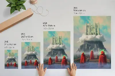 Poster surrealistiskt motiv med figurer i rockar vid ett slott i molnen