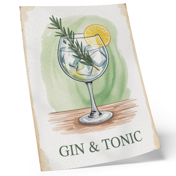 Affisch Ett glas gin, rosmarin och citron på en grön bakgrund