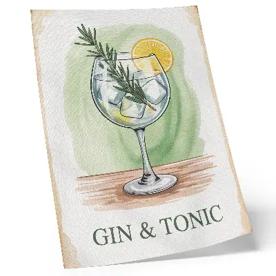 Affisch ett glas gin med rosmarin och citron på grön bakgrund