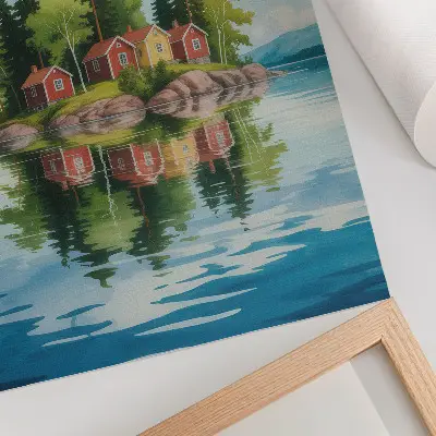 Dekorativ väggaffisch med motiv av pittoresk ö, hus och träd vid lugnt vatten