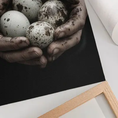 Poster med motiv av jordnära händer och vaktelägg i kontrastrika toner