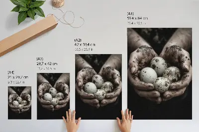 Poster med motiv av jordnära händer och vaktelägg i kontrastrika toner
