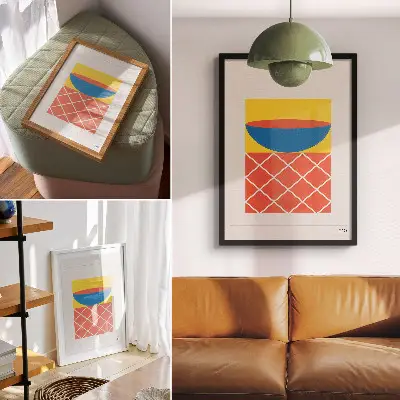 Geometrisk komposition gulblå och röd hållbar väggposter