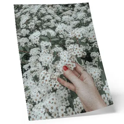 Affisch vita blommor med gröna händer och röda naglar