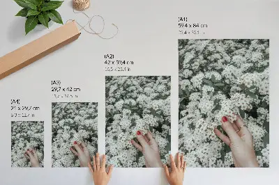 Affisch vita blommor med gröna händer och röda naglar