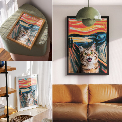 Poster En katt mot en bakgrund av livfull, abstrakt målning.