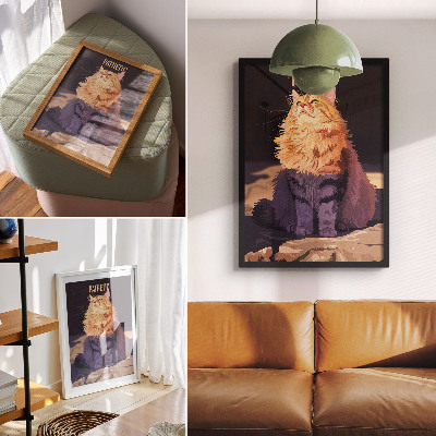 Dekorativ väggaffisch Katt med text orange grå beige