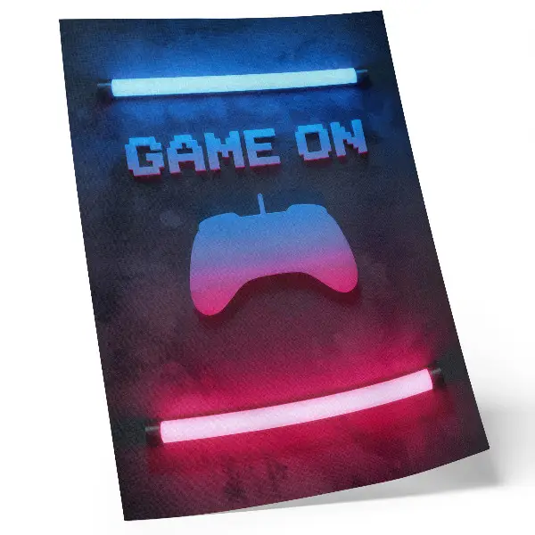 Poster med neonpixelinskription och spelardynamik