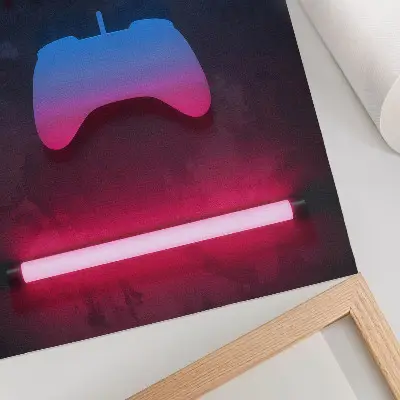 Poster med neonpixelinskription och spelardynamik