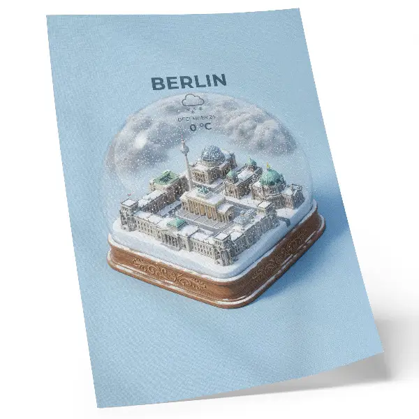 Dekorativ väggaffisch tavla föreställande en miniatyrstad i en snöglob av glas