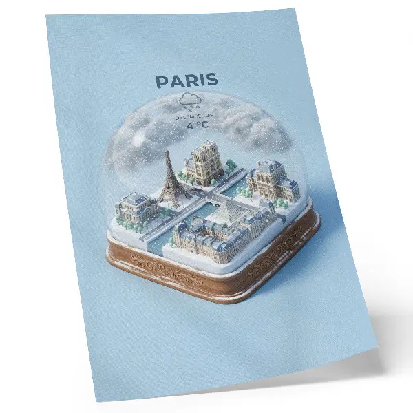 Hållbar väggposter med motiv av en snöglob från Paris på vintern