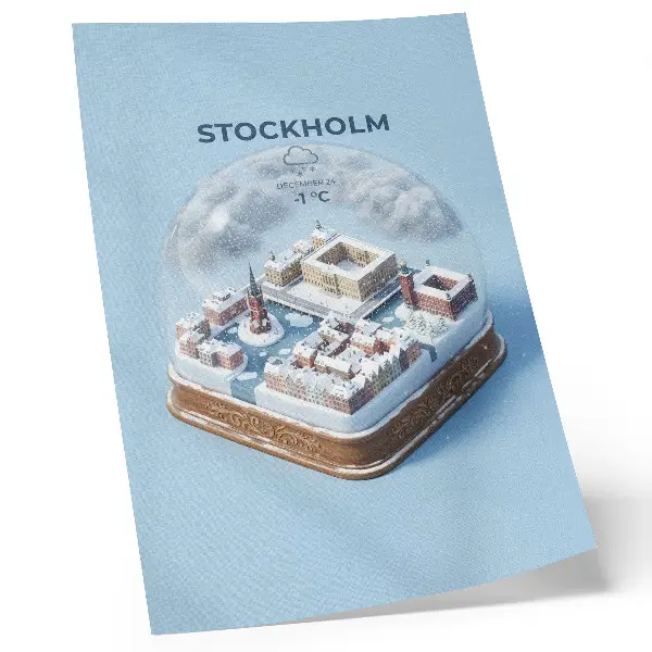 Dekorativ väggaffisch Stockholm i en sfär med modern arkitektur i vinterklimat