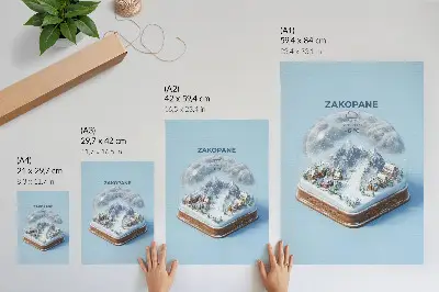 Poster vinterlandskap i en sfär med bergsomgivning i lugna färger