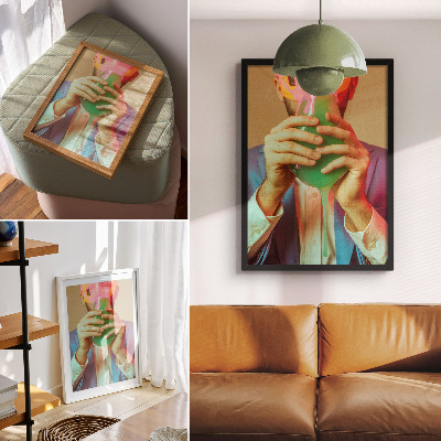 Affisch En färgglad mask i händerna på en surrealistisk figur