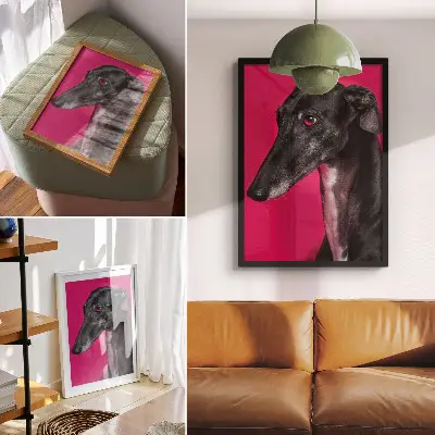 Väggaffisch svartvit hund mot en intensivt rosa bakgrund