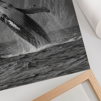 Hållbar väggposter Ett foto av en hoppande val med berg i bakgrunden.