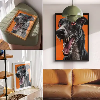 Poster svart päls mot orange bakgrund med uttrycksfulla detaljer