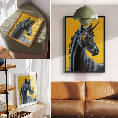 Poster med motiv av en magisk och mystisk enhörning på gul bakgrund