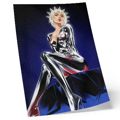 Poster futuristisk figur med glänsande element och intensiva färger