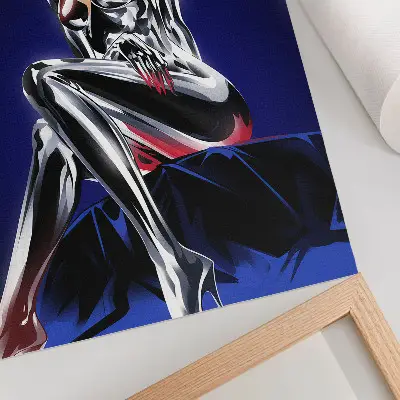 Poster futuristisk figur med glänsande element och intensiva färger
