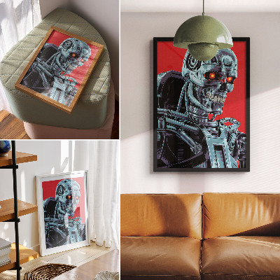 Poster Futuristisk robot på en röd bakgrund